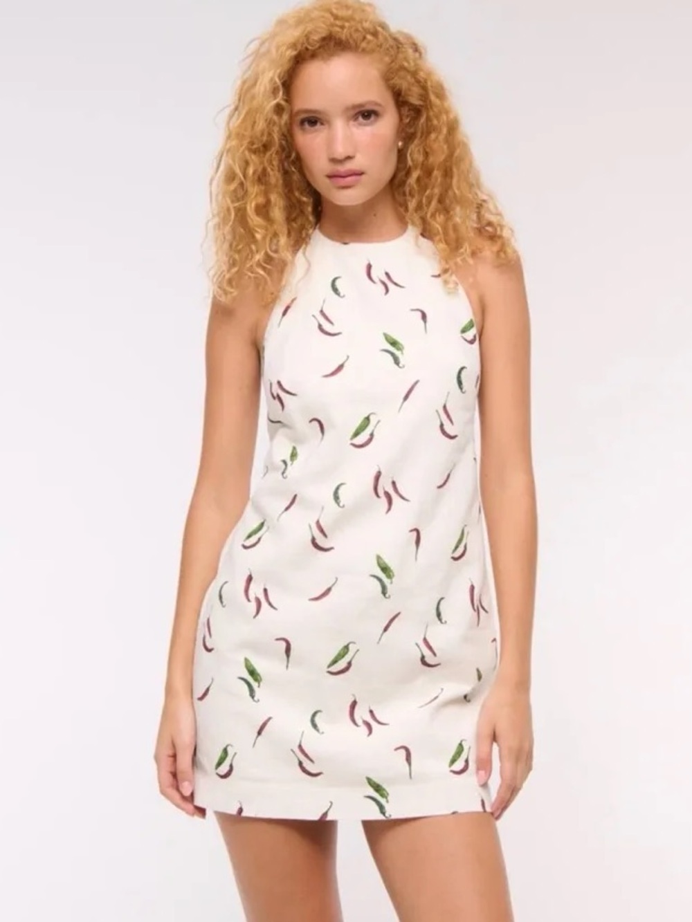 Abercrombie & Fitch Mini Dress Scattered Red & Green Chili-Style Print on Cream